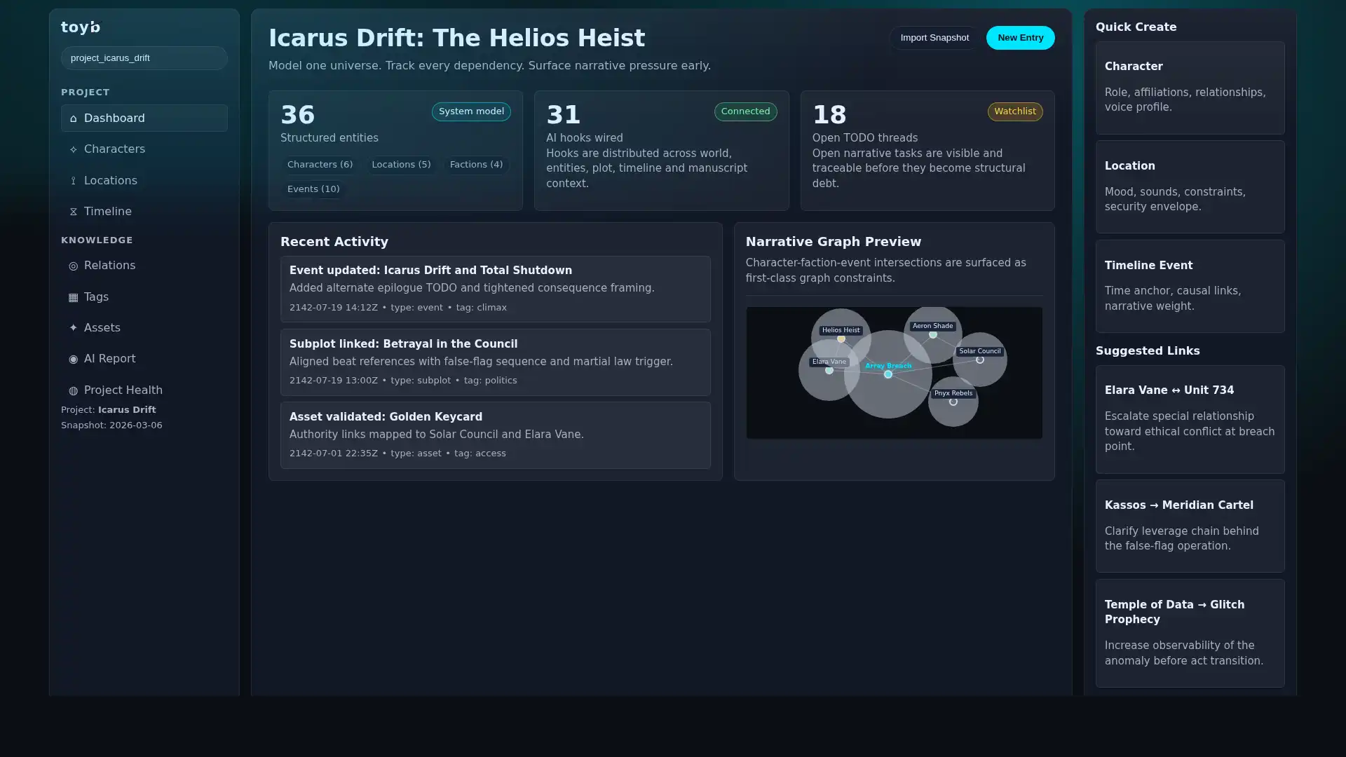 Toyb workspace overview showing unified project cockpit with entities, timeline, signals, and health.